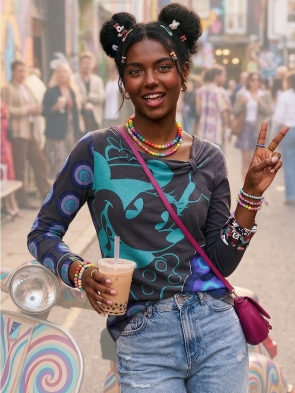 DESIGUAL x DISNEY Minnie Mickey Mouse Cotton Top Graphic Print Applique Shirt M